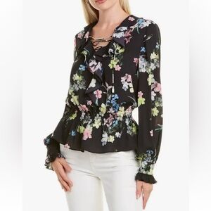 Ted Baker London Axelle pergola Frilled Lace-Up Floral Blouse Size 2=US …